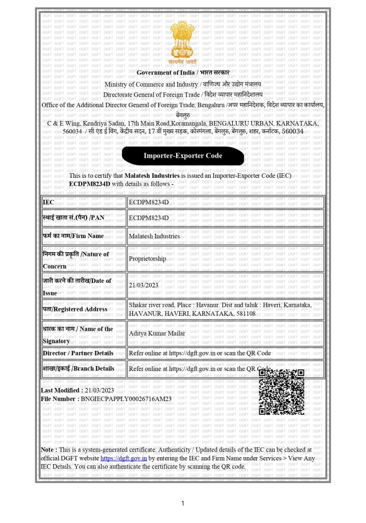 Importer-Exporter-certificate-Malatesh-Industries